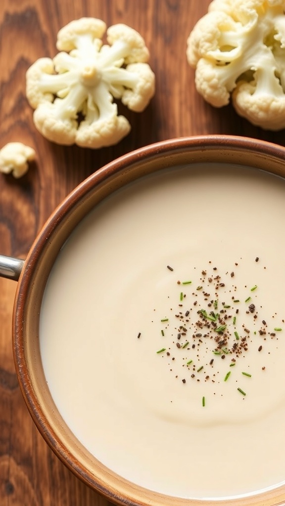 Simple 4-Ingredient Cauliflower Soup Recipe A creamy cauliflower soup in a rustic bowl, garnished with herbs and pepper, on a wooden table.